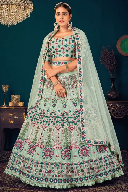 Georgette Wedding Lehenga Choli with Embroidered in Pista