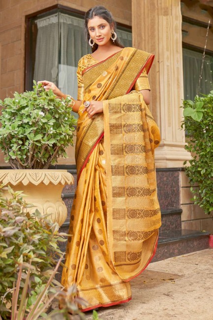 Yellow handloom Saree in Weaving Cotton and handloom silk