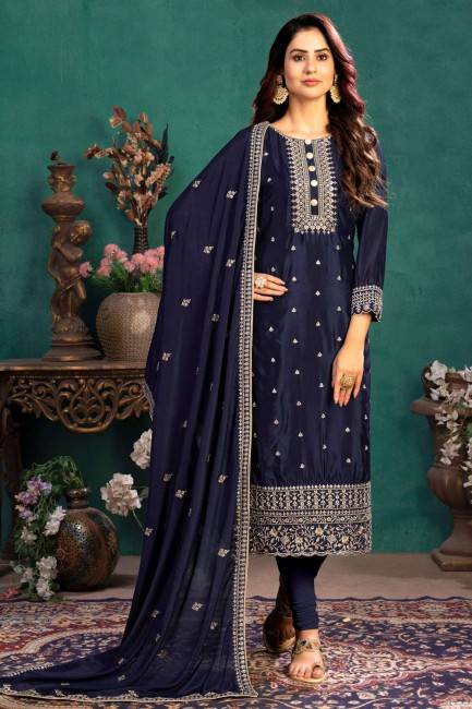Silk Salwar Kameez with Embroidered in Blue