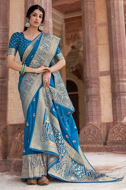Weaving Silk Blue Wedding Saree with Blouse
