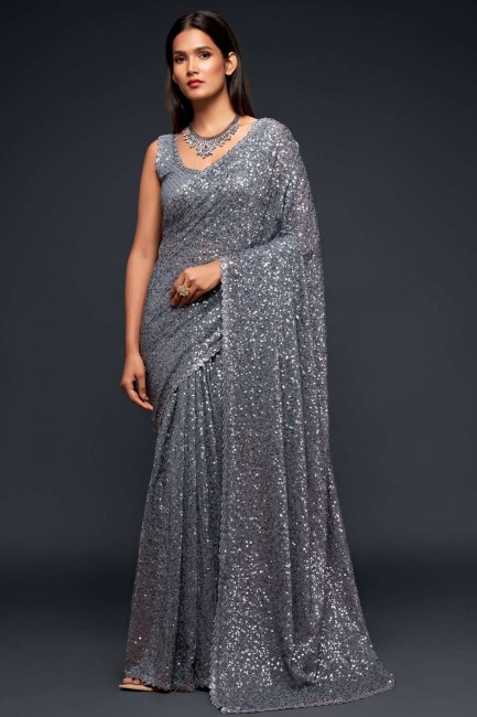 Grey Embroidered Party Wear Saree in Georgette