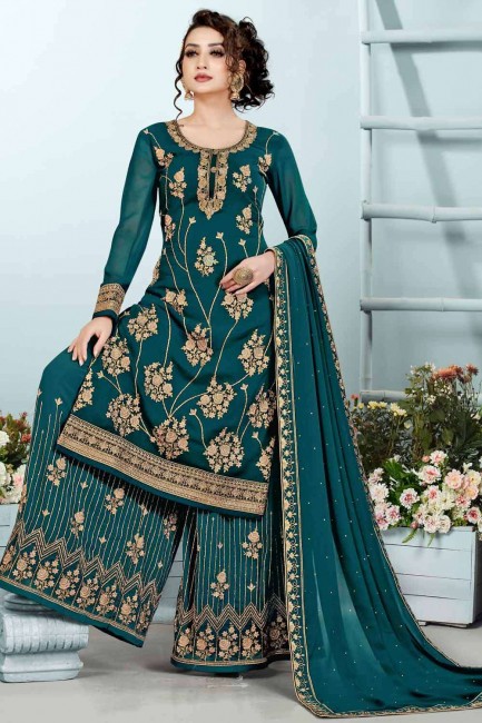 Georgette Embroidered Teal blue Palazzo Suit with Dupatta