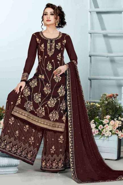 Georgette Brown Palazzo Suit in Embroidered