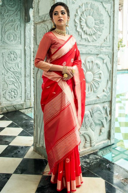 Red South Indian Saree in Zari Tussar silk
