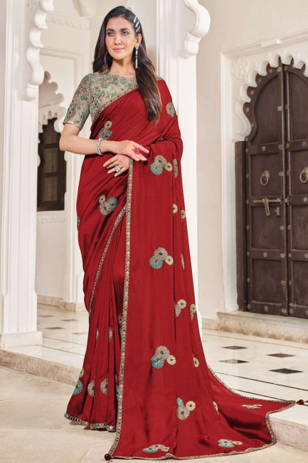 Art silk Maroon South Indian Saree in Embroidered