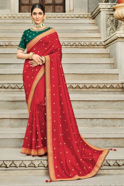 South Indian Saree in Red Art silk with Embroidered