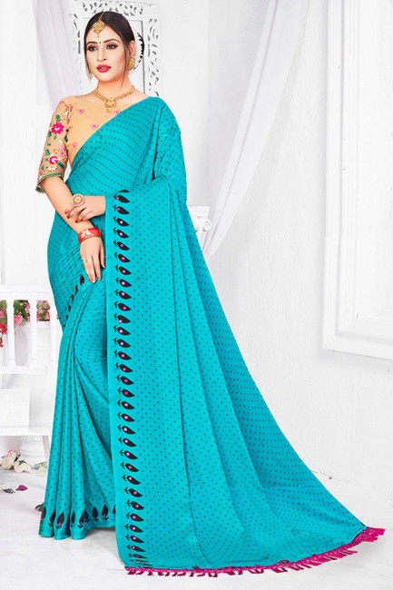 Saree in Blue Chiffon with Embroidered,printed