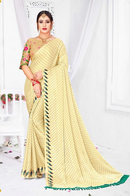 Chiffon Embroidered,printed Cream Saree with Blouse