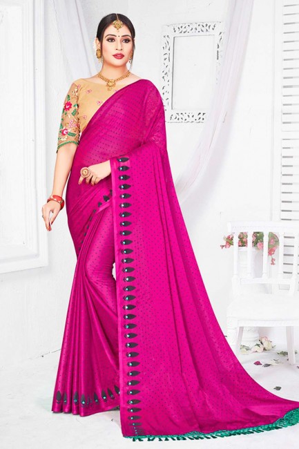 Chiffon Embroidered,printed Magenta Saree with Blouse