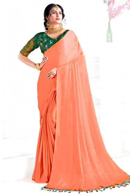 Peach Satin georgette Saree with Embroidered,printed