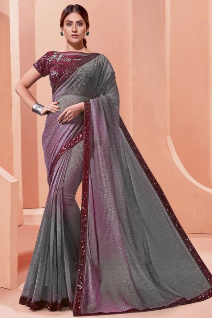 Lycra Grey Saree in Hand,embroidered