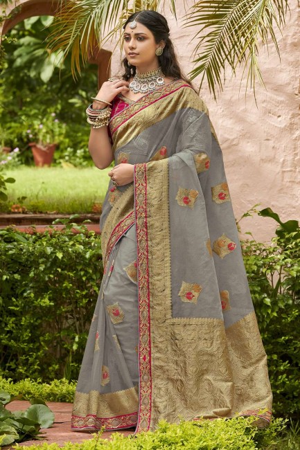 Grey Tissue and organza Saree with weaving Embroidered Border,Blouse Work
