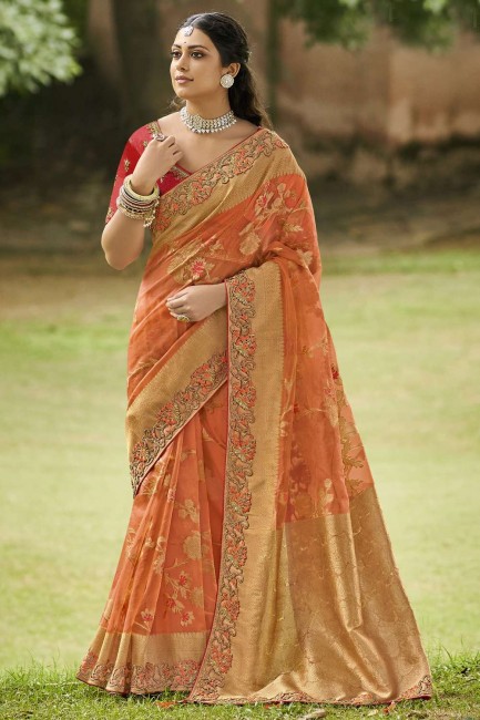 Tissue and organza Saree with Embroidered,weaving in Orange