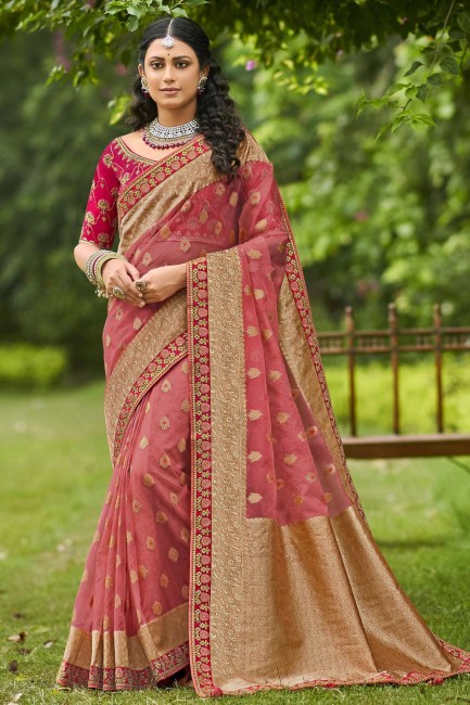 Pink Saree in Tissue and organza with Embroidered,weaving