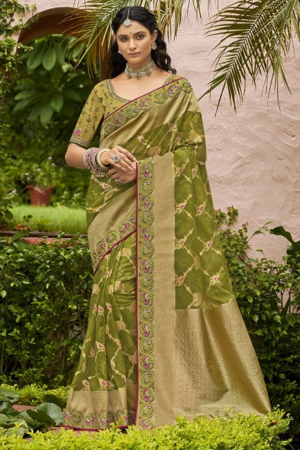 Green Embroidered,weaving Saree in Tissue and organza