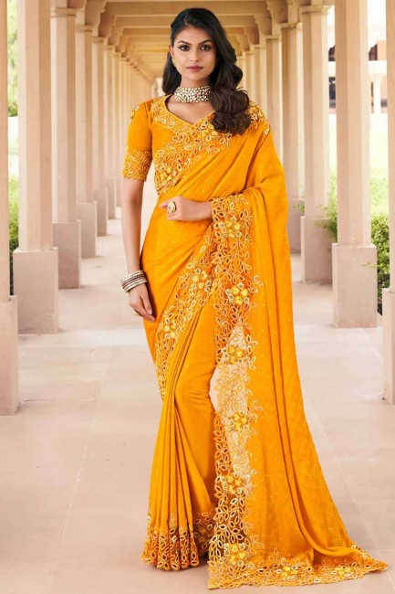 Satin and silk Embroidered Orange Wedding Saree
