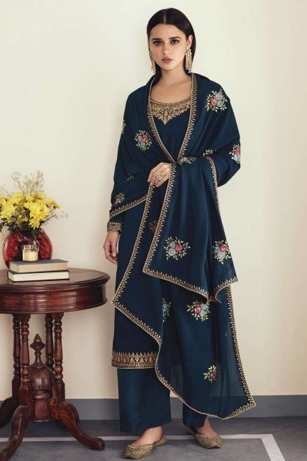 Embroidered Georgette Eid Palazzo Suit in Blue