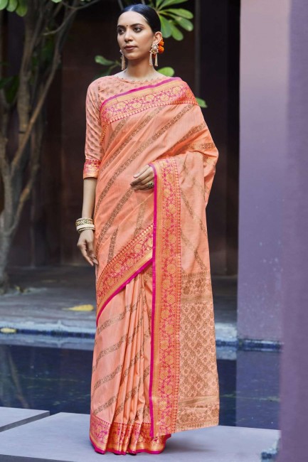Peach Silk Saree with Weaving