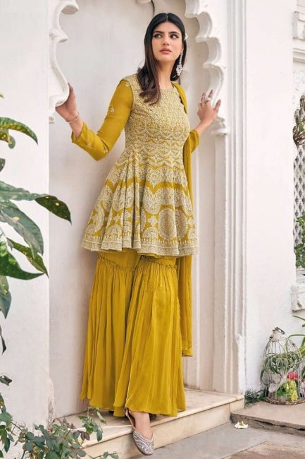 Georgette and viscose Sharara Suit in Yellow with Embroidered