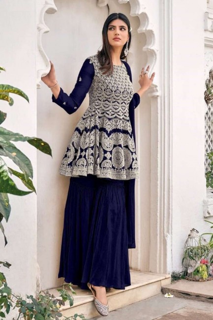 Embroidered Georgette and viscose Sharara Suit in Navy blue