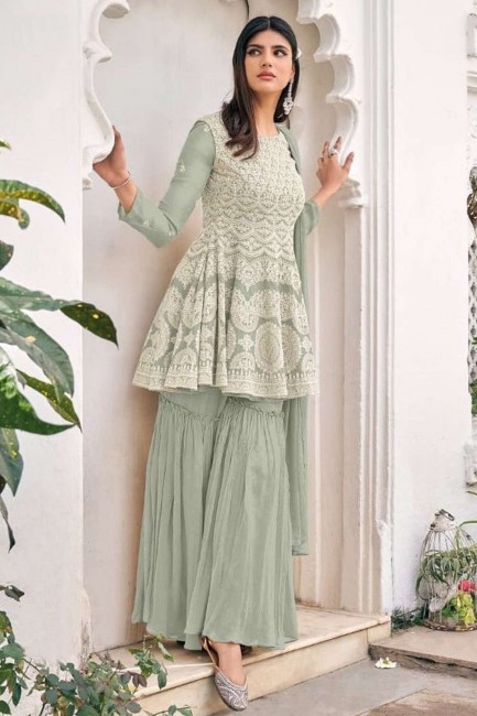 Embroidered Georgette and viscose Sharara Suit in Grey,silver