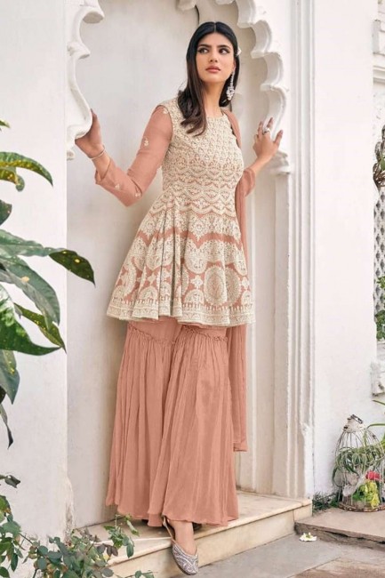 Embroidered Sharara Suit in Peach Georgette and viscose