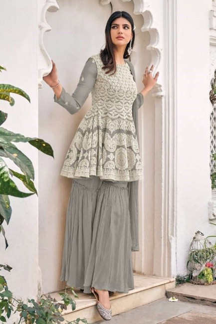 Embroidered Georgette and viscose Sharara Suit in Grey with Dupatta