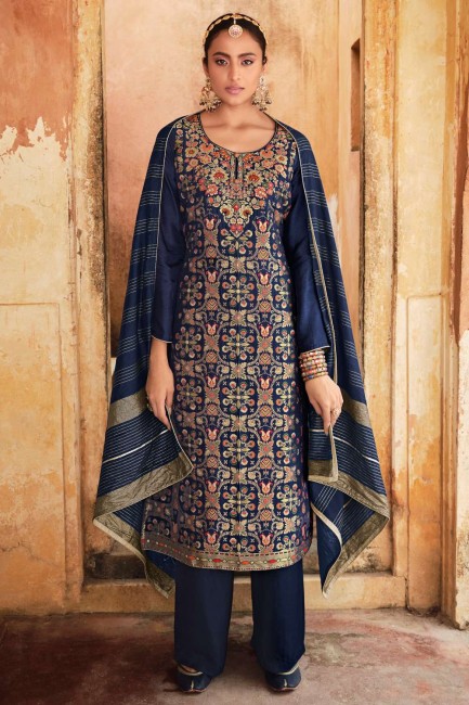 Blue Salwar Kameez with Weaving Jacquard and silk