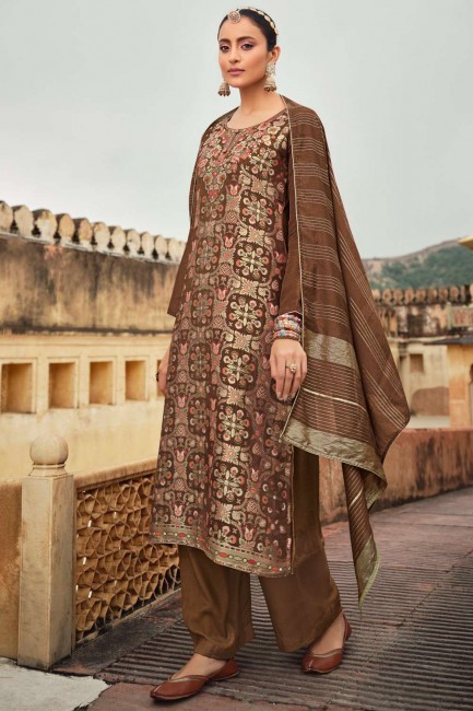 Brown Weaving Jacquard and silk Salwar Kameez