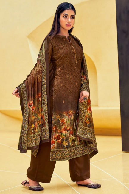 Digital print Palazzo Suit in brown Velvet