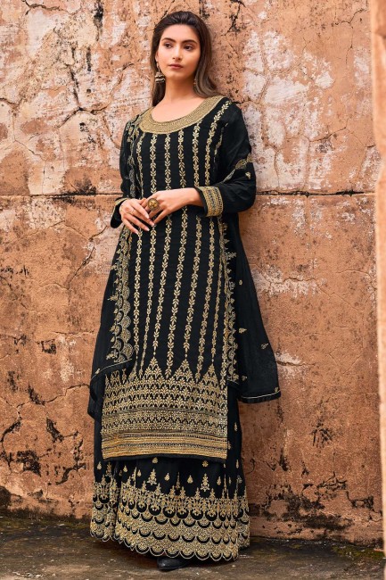 Black Palazzo Suit in Embroidered Jacquard