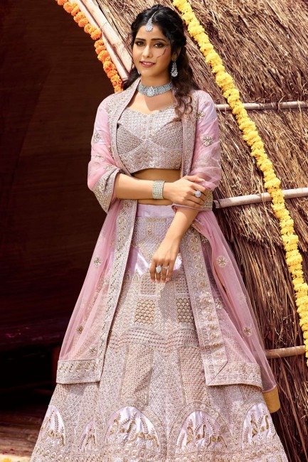 Pink Wedding Lehenga Choli with Embroidered Velvet