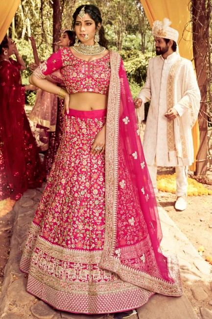 Pink Raw silk Embroidered Wedding Lehenga Choli with Dupatta