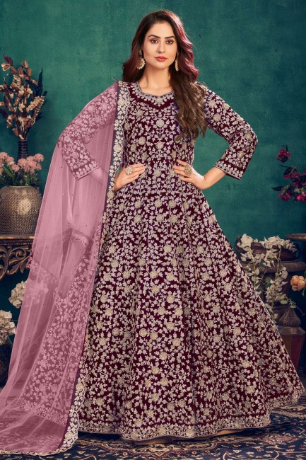Maroon Anarkali Suit in Embroidered Velvet