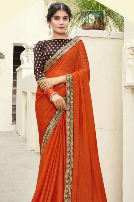 Saree with Embroidered in Orange Chiffon