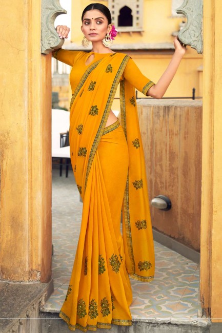 Art silk Saree with Thread,embroidered in Yellow