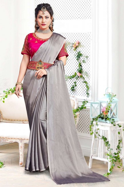 Plain Georgette Saree in Grey Blouse And Belt Work