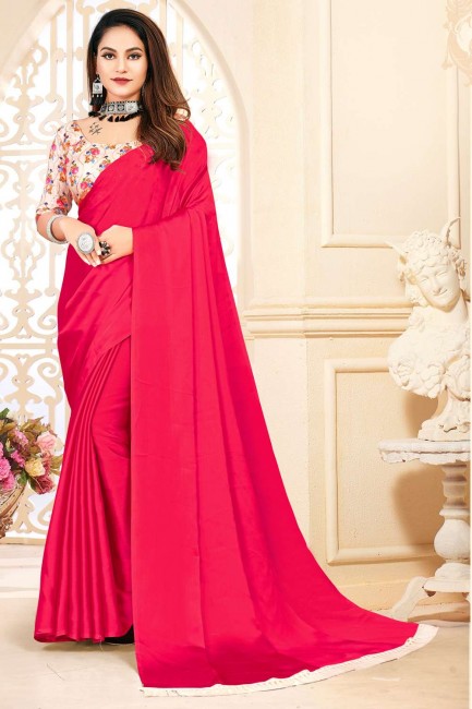 Satin and silk Plain Red Saree with Blouse