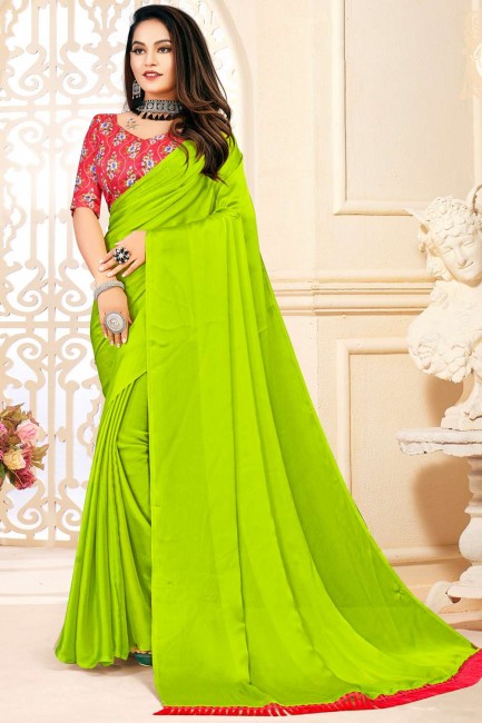 Satin and silk Saree with Plain in Green