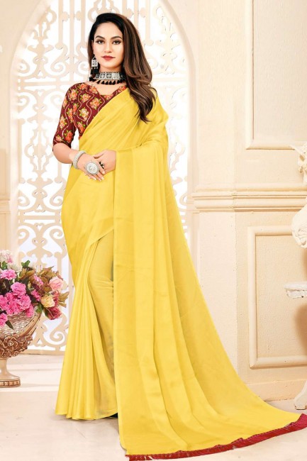 Satin and silk Saree in Yellow with