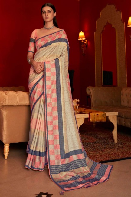 Beige Weaving,digital print Silk South Indian Saree