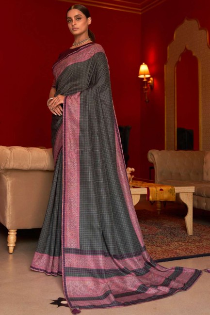 Grey South Indian Saree in Silk with Weaving,digital print