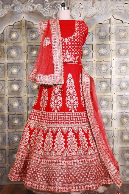 Embroidered Velvet Wedding Lehenga Choli in Red with Dupatta