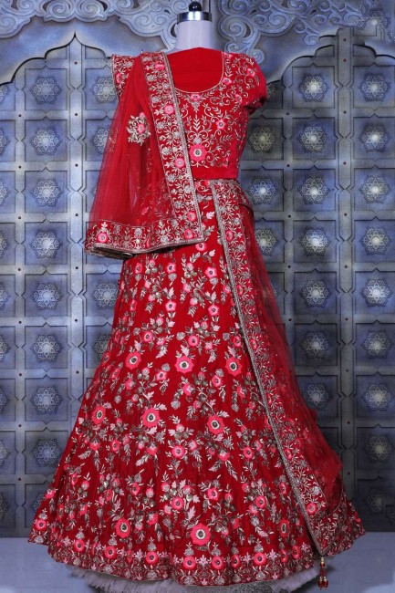 Red Embroidered Velvet Wedding Lehenga Choli