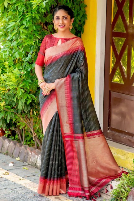 Zari South Indian Saree in Black Cotton