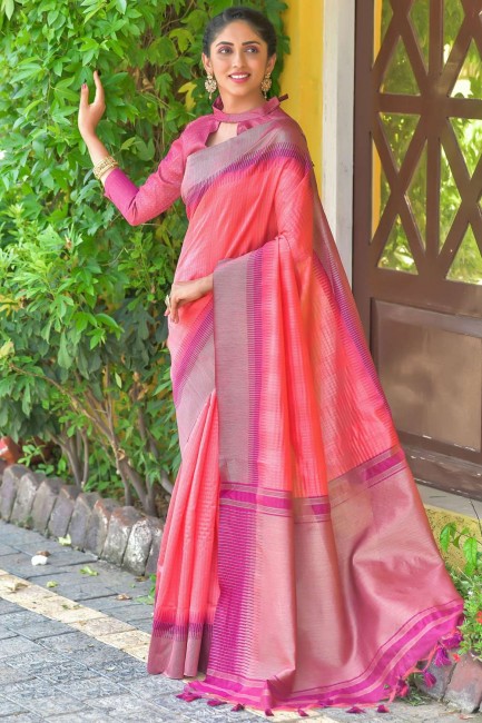 Pink Zari Cotton South Indian Saree