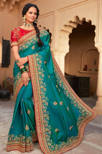 Teal Wedding Saree in Embroidered Satin georgette