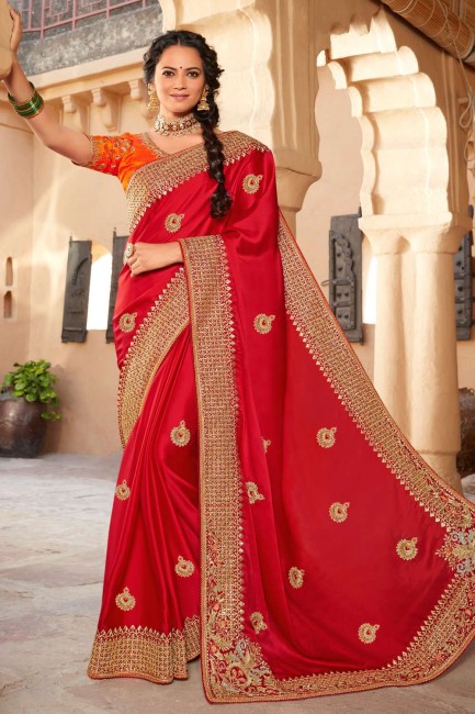 Satin georgette Embroidered Red Wedding Saree with Blouse