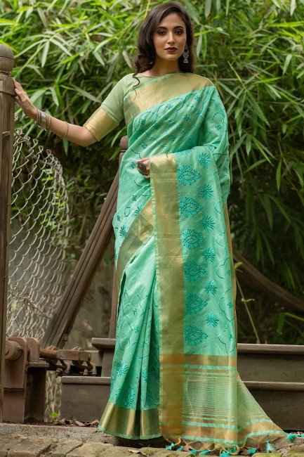 Saree in Sea green Silk with Zari,embroidered