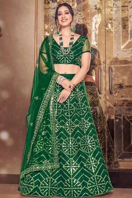 Green Party Lehenga Choli with Embroidered Soft net